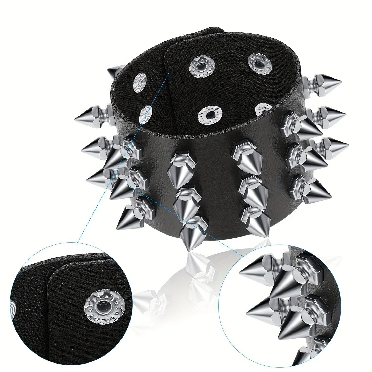 Set of 6 Punk Gothic Faux Leather Bracelets featuring Studded Spikes & Rivet Buckles - Adjustable Black Wristbands Perfect for Men, Rocking 80s Style Party Accessories