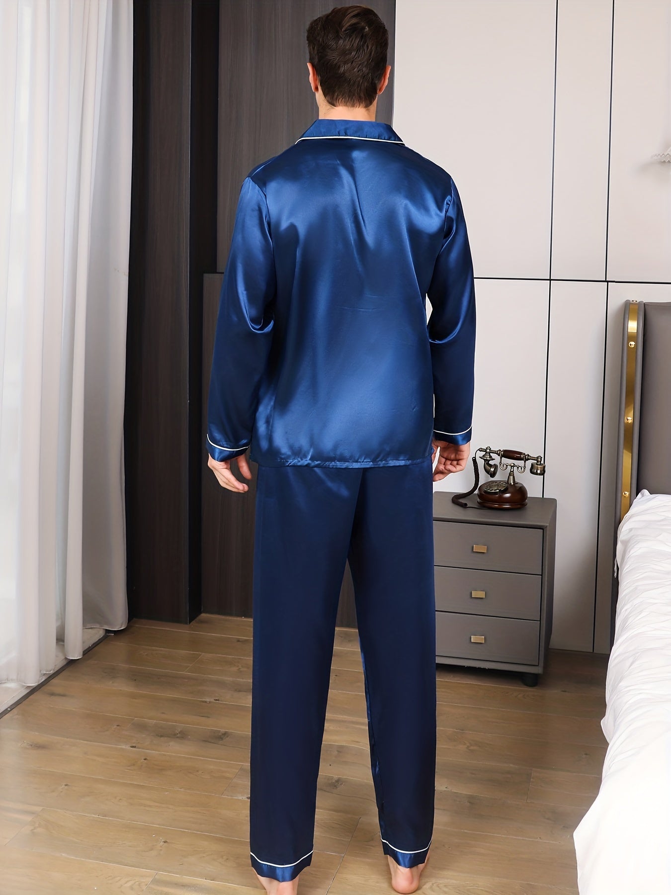 Men's two-piece silk pajamas for spring, summer, and autumn, versatile for indoor and outdoor wear.