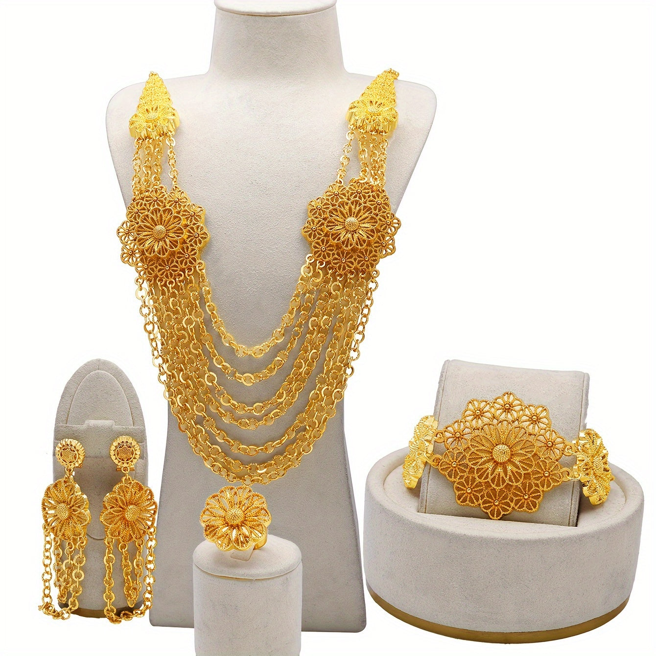 Elegant Middle Eastern Jewelry Set featuring a Vintage Fashion Necklace, Earrings, Ring, and Bracelet. This 4-Piece Set is crafted from Zinc Alloy and is ideal for Parties, Gifts, and can be worn all year round.