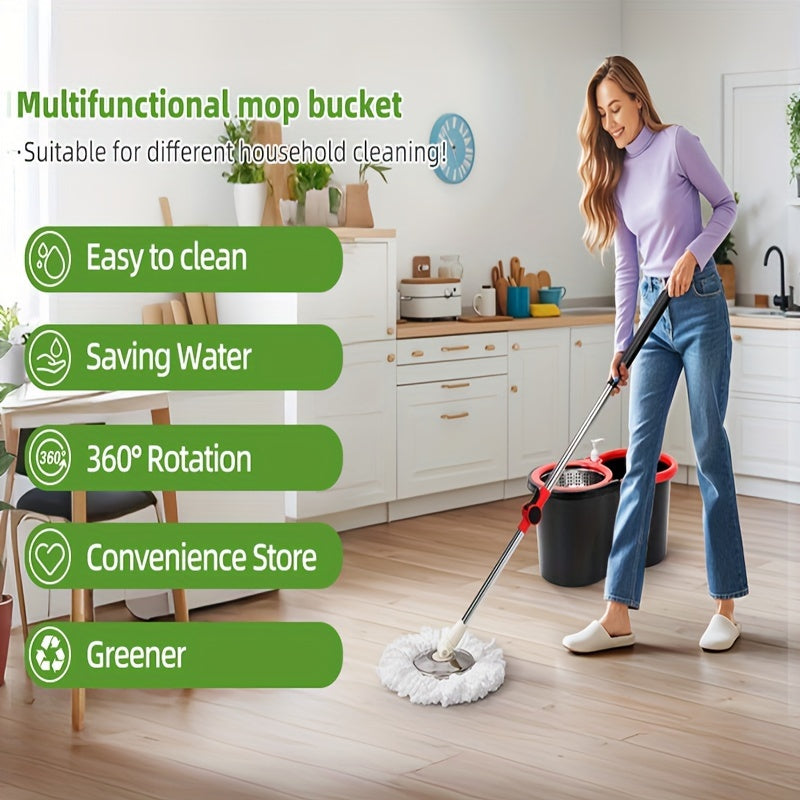 Spin Mop and Bucket Set includes 3 pieces, featuring a 360° rotating mop system with an ultrafine fiber mop head and adjustable stainless steel handle. Perfect for cleaning living rooms, bedrooms, and bathroom floors.