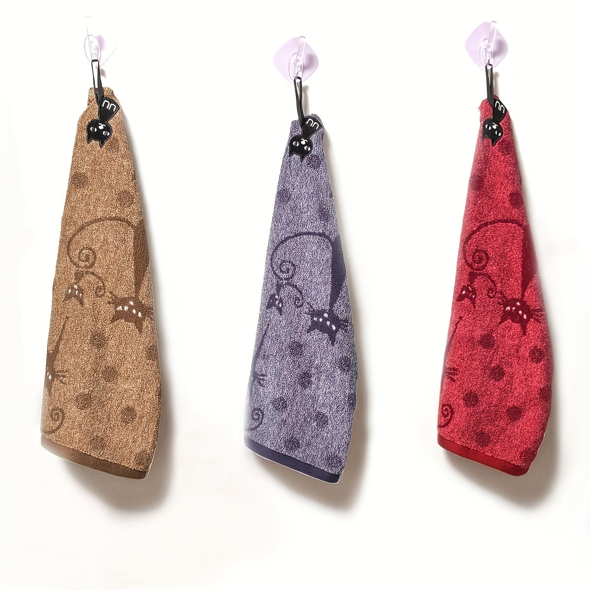 Soft, absorbent Cute Cat Pattern Velvet Hand Towel with Hanging Loop, perfect for kitchen, bathroom, or home decor. Available in Red, Blue, or Beige. Great gift idea with plush texture.