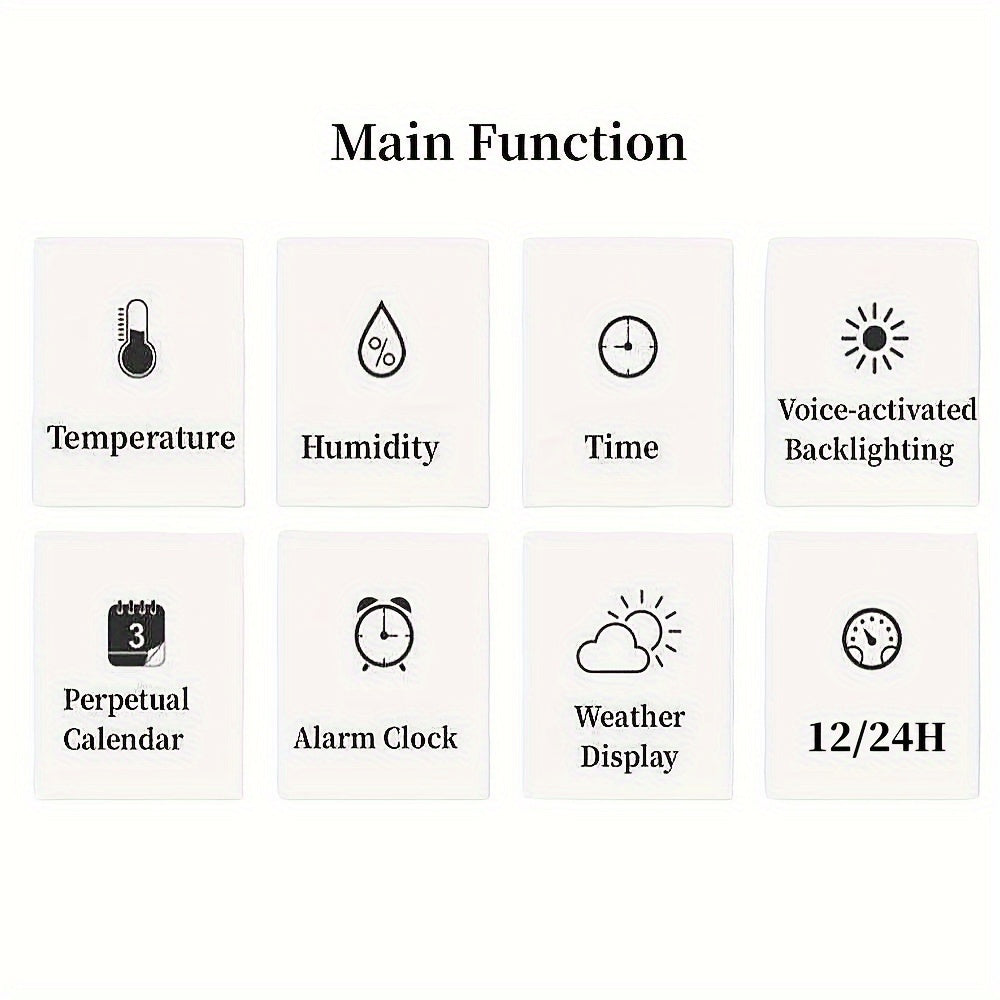 Voice controlled digital weather clock with backlight, temperature, humidity, and weather forecast. Includes USB cable, battery not included.