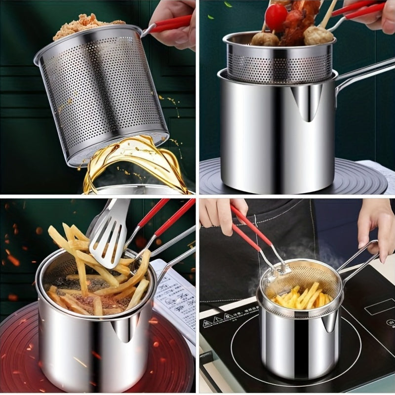 Easily fry up your favorite foods with this Stainless Steel Deep Fryer Set featuring a convenient basket strainer. Ideal for frying potato chips and fish, this handheld basket is perfect for deep frying in the kitchen.