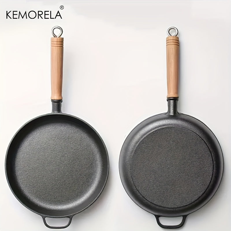 Experience the quality of the KEMORELA Premium Cast Iron Skillet. This uncoated, non-stick cookware is versatile and suitable for gas, electric, and induction stoves. Perfect for cooking steak, omelets, and more, this skillet features wooden anti-scald