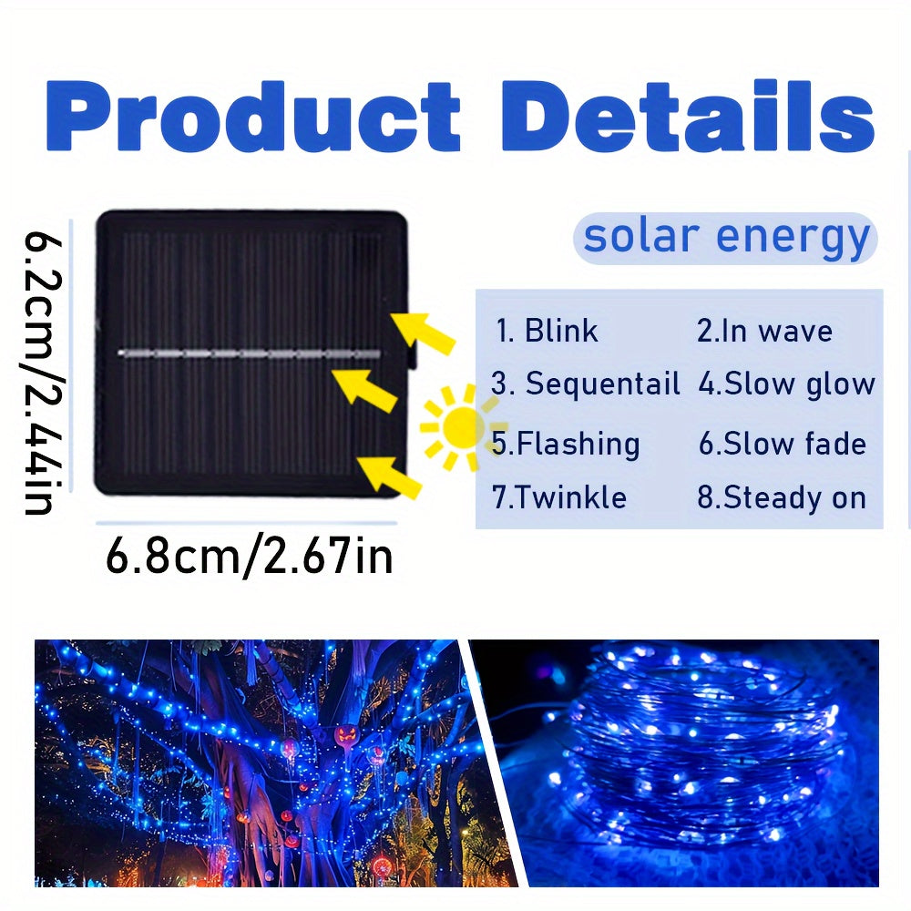 Decorate your tree, Christmas, wedding, or room with our adjustable solar string lights in white and blue LEDs.