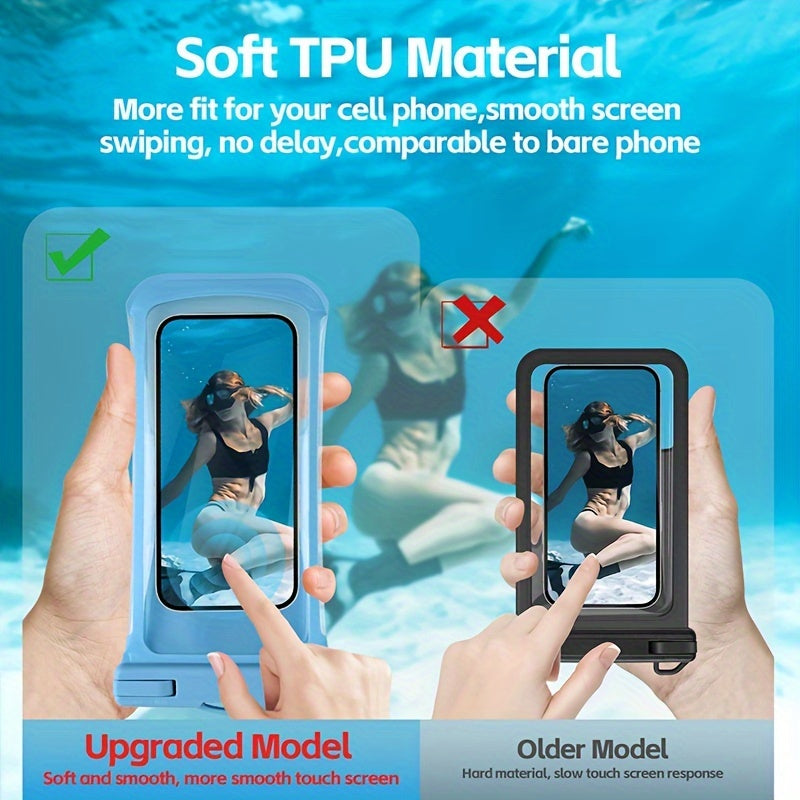 Waterproof phone pouch with 3D design and neck strap for 20.32 cm smartphones, ideal for beach, cruise, and travel.