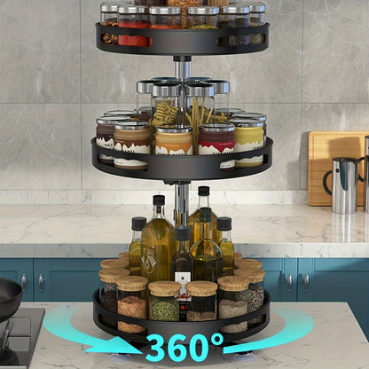 Rotating organizer for tableware, makeup, and spices to save space on countertops with non-slip design.