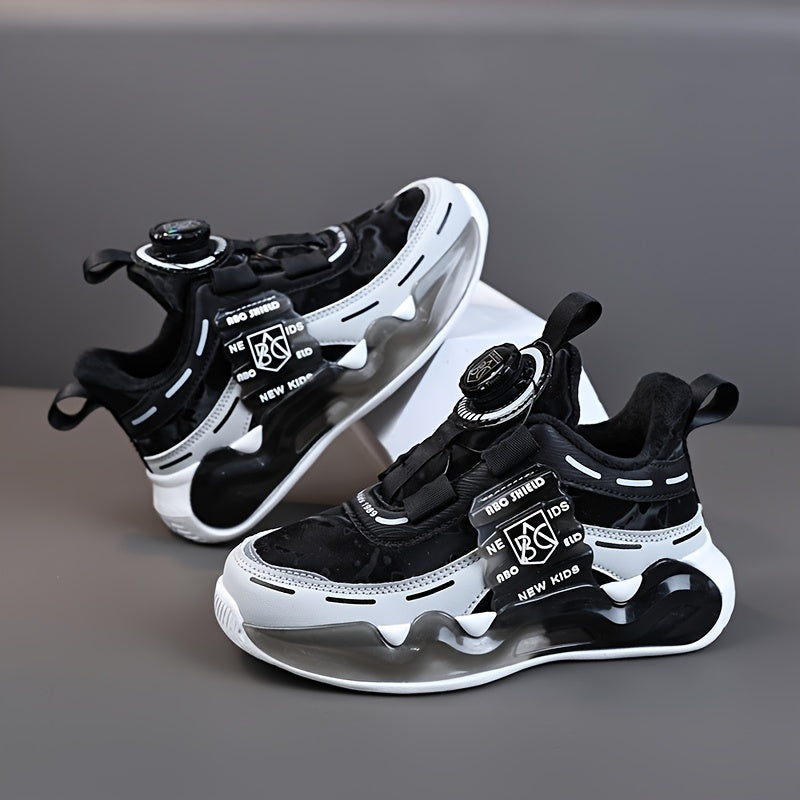 Mid-top youngsters athletic sneakers with breathable and non-slip design. Features hook-and-loop fastener strap, colorful cloud pattern, and letter design. Durable EVA sole suitable for all