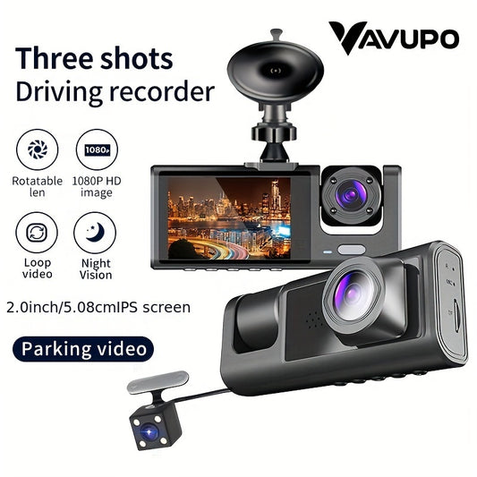 Vavupo 3-camera dash cam records front and interior in 1080P with G-sensor, night vision, and wide-angle for driving safety.