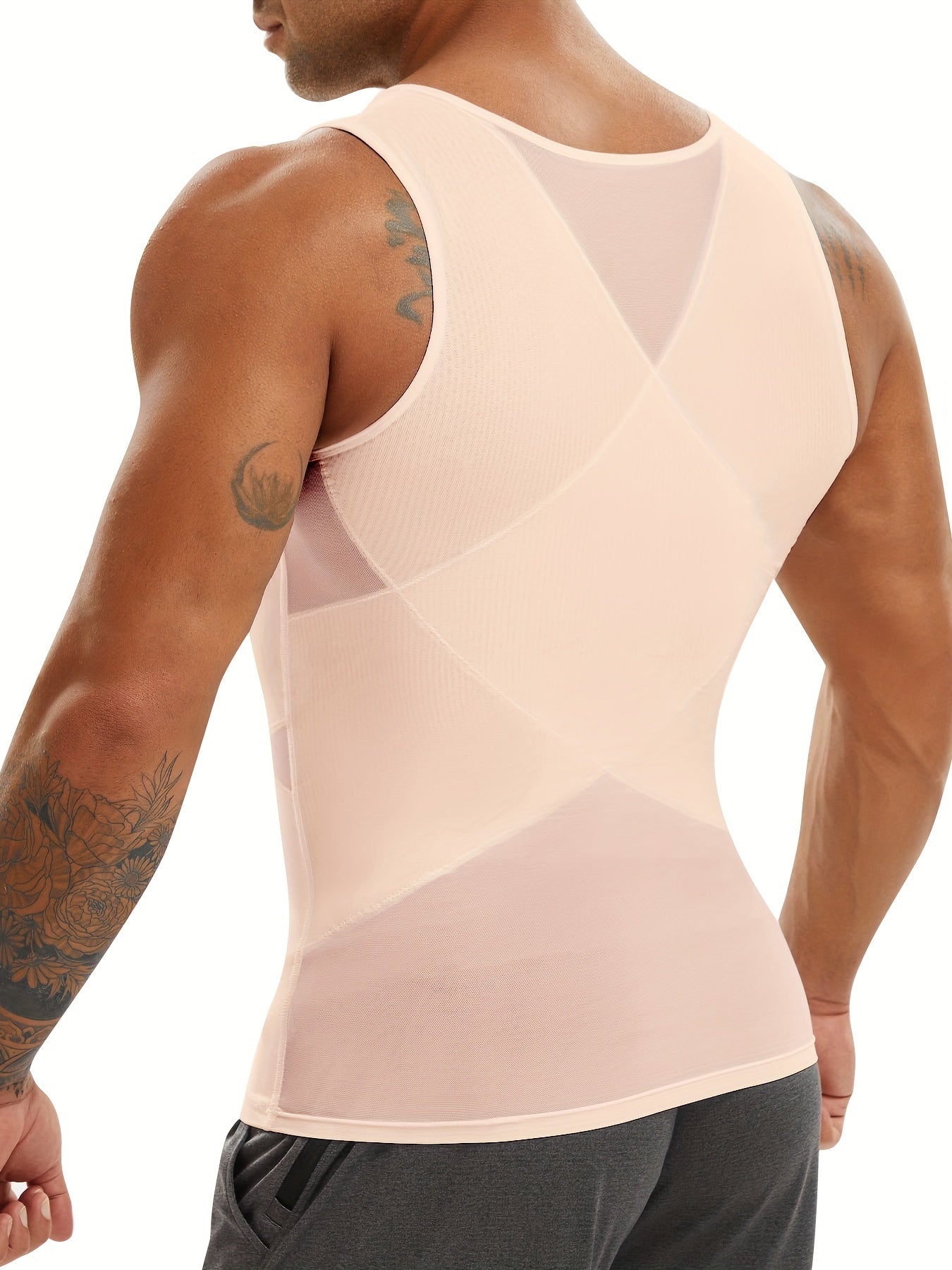 Junlan Men's High Compression Vest made of Nylon 88% and Spandex 12%, with a Skinny Fit, Crew Neck, Solid Color, Cross Strap Design, and All-Season Breathability.