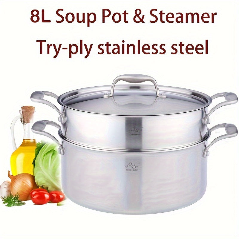 Durable and Versatile Stainless Steel Soup Pot Set with Steamer by GOOD HARVESTER - Includes 8L 304 Deep Cooking Pan, Induction Compatible, Heat-Resistant Handles, Dishwasher Safe, Easy to Clean, and Multi-Layer Kitchen Cookware