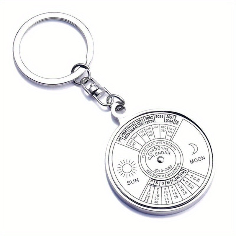 Perpetual calendar keychain with rotating compass. Unique gift for car keys.