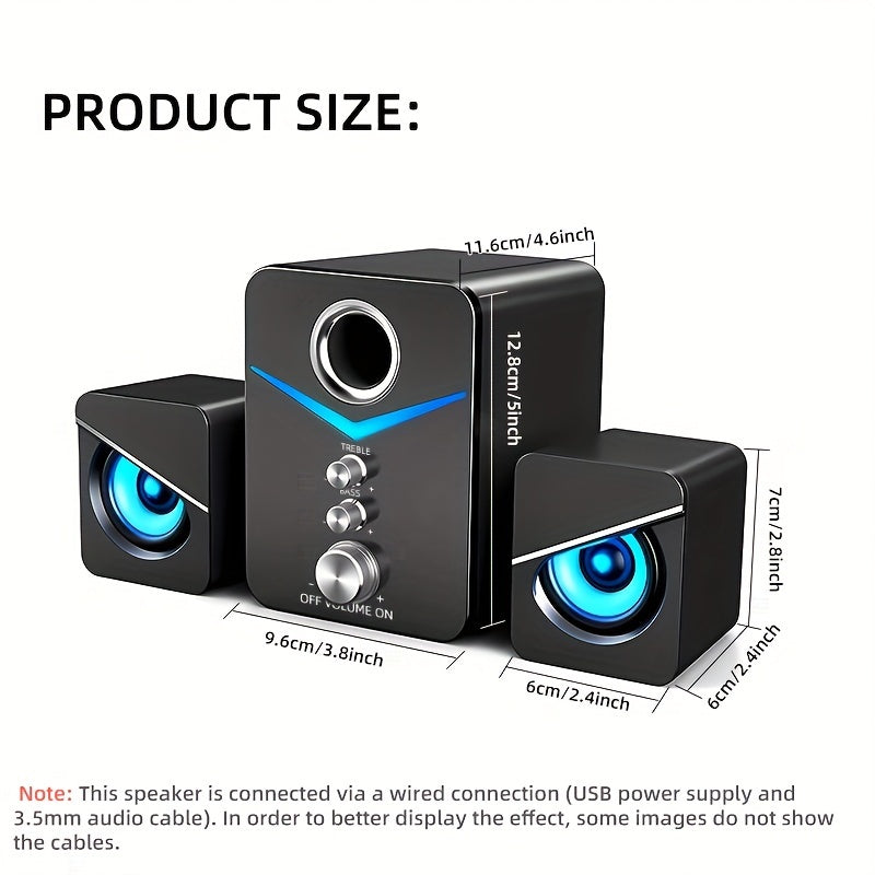 Desktop stereo speaker with LED lighting, compatible with devices with 3.5mm audio output.