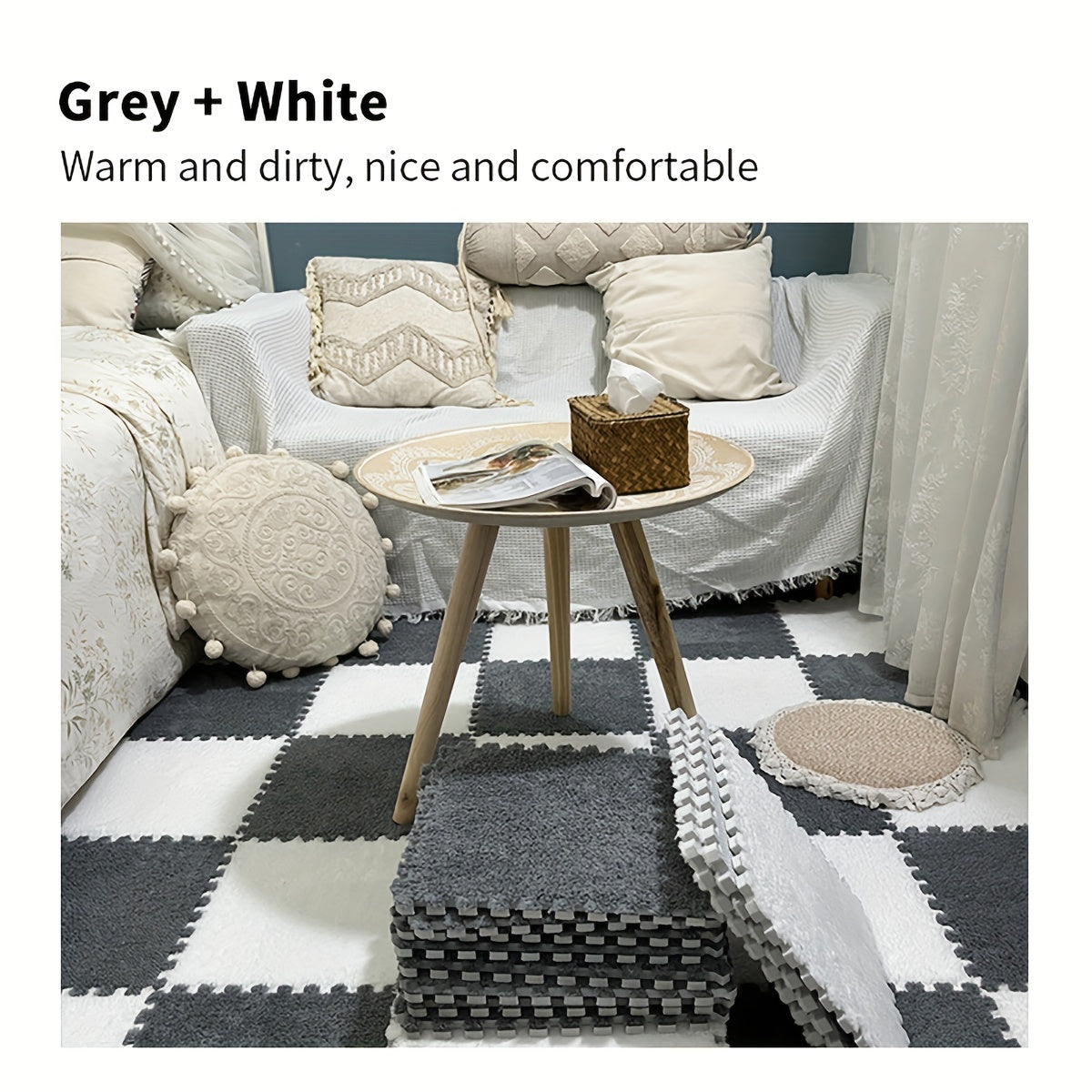 Set of 12 furry carpets for the room, featuring foam splicing that is perfect for the bedroom, living room, or any large area in the household. This mat not only provides warmth and comfort but also helps soundproof the space. Perfect for adding a cozy