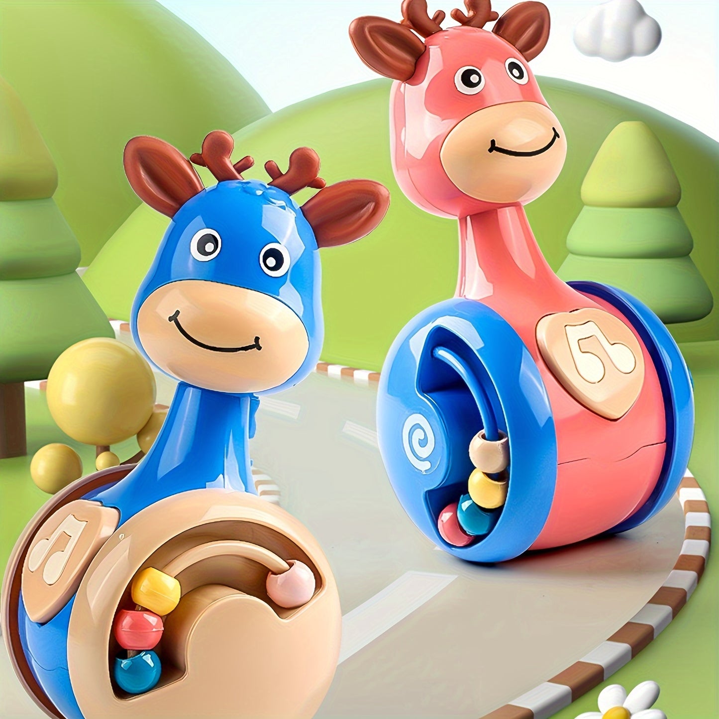 Fawn sliding tumbler rattle toy made of ABS material, ideal for young learners, encourages interactive play and development.