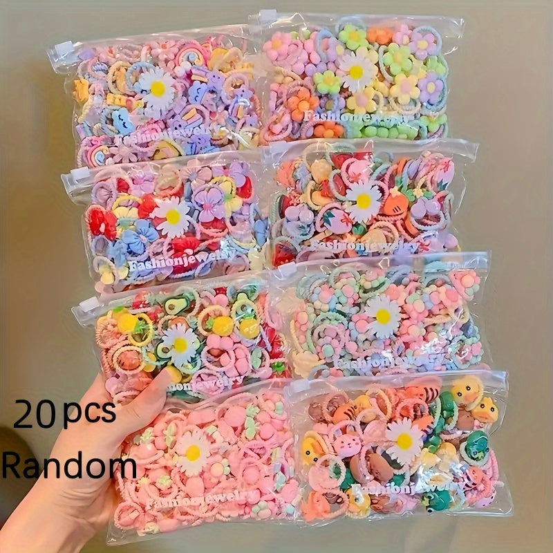 20-pack of adorable flower hair ties for women and girls, featuring fruit and animal details, made from plastic material, versatile for various hairstyles.