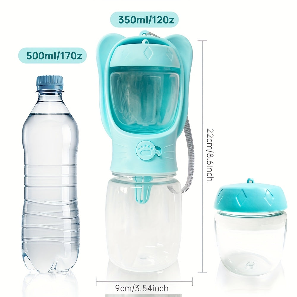 Portable dog water bottle with food container for walking, hiking, and travel. Ideal for cats, puppies, and other pets.