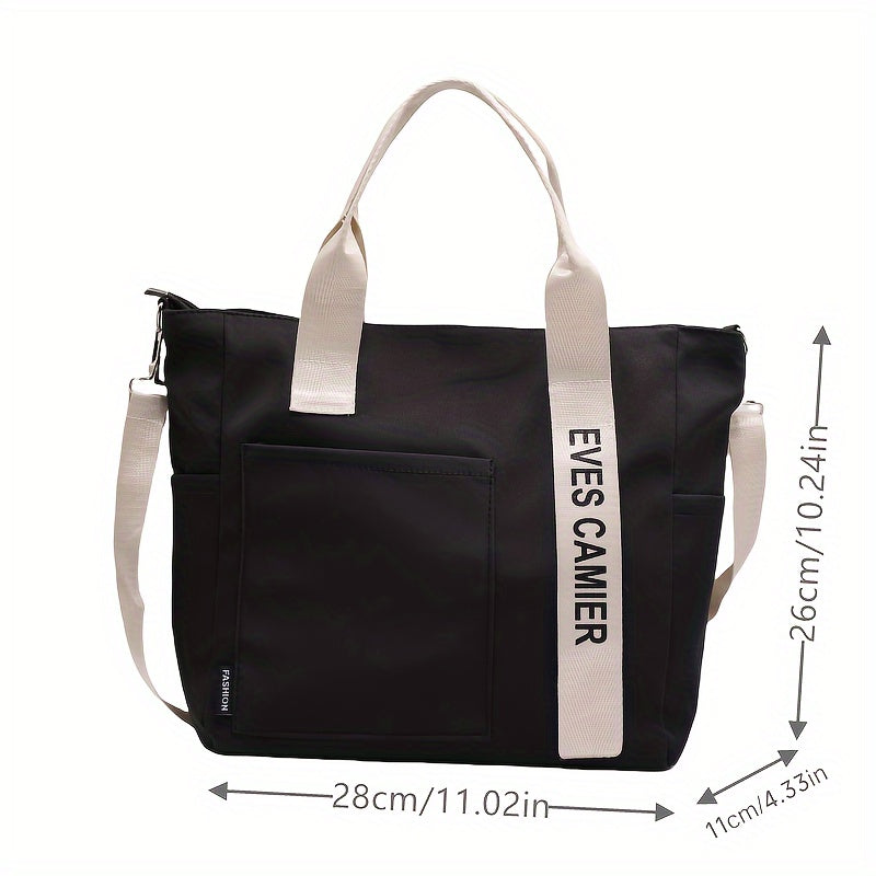 Versatile tote bag with multiple pockets, crossbody strap for travel and work, adjustable for school and everyday use.