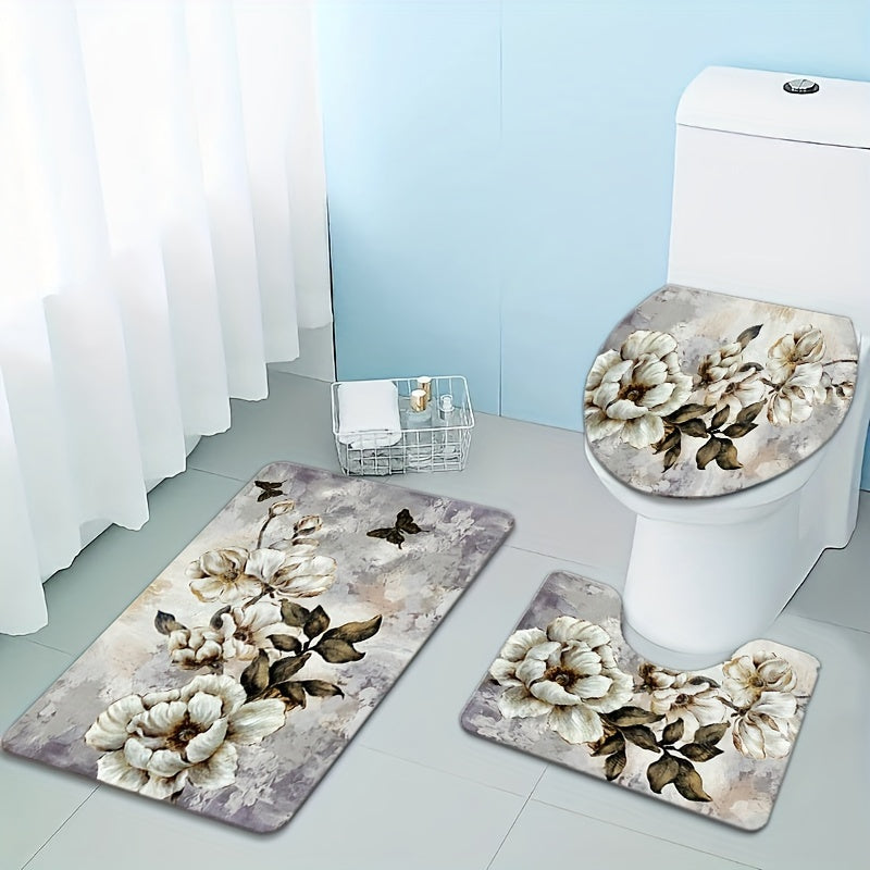 Set of 3 Elegant Floral Bathroom Mats - Made of Soft Flannel, Non-Slip and Absorbent, Includes Toilet Lid Cover, Ideal for Home Decor. Easy to Install with Handles, Machine-Washable. Enhance Your Bathroom Decor with these Stylish Accessories.