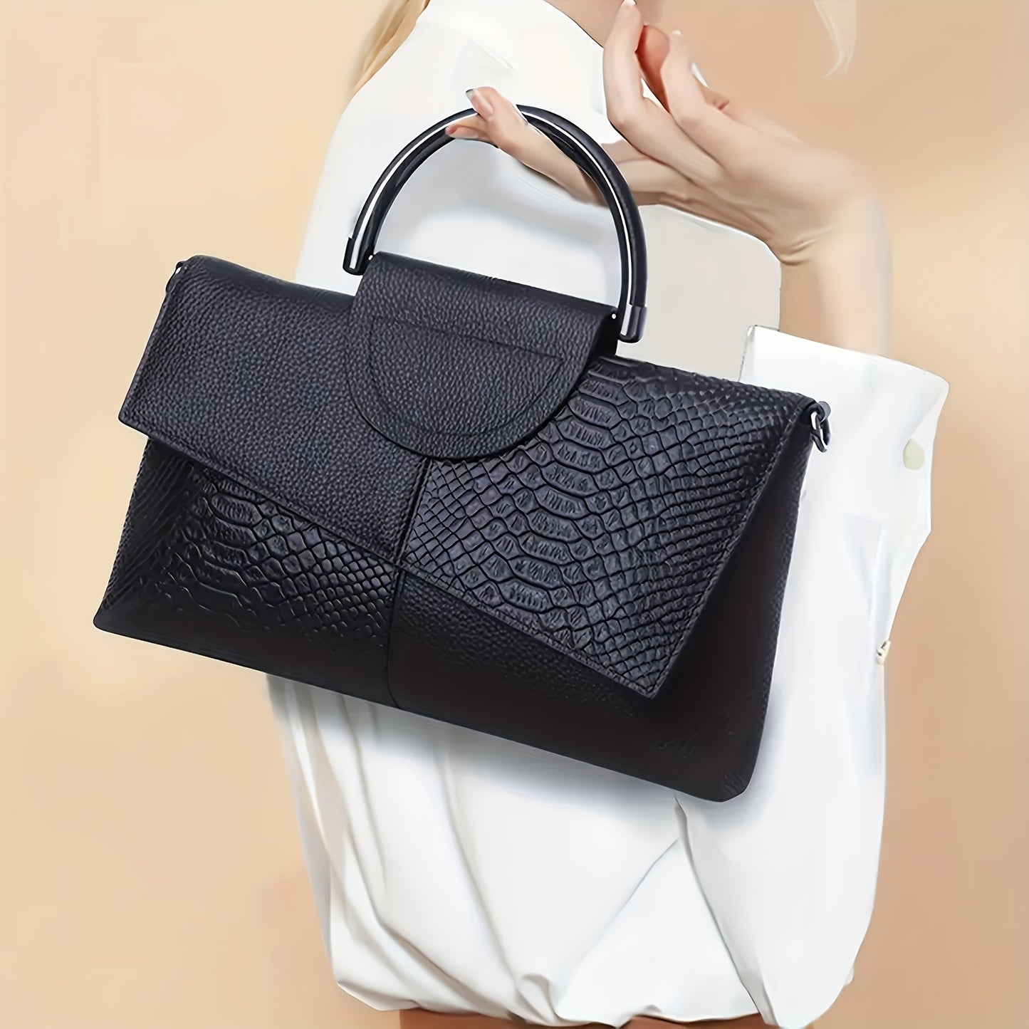 Crocodile Pattern Faux Leather Handbag for Work and Shopping, with Magnetic Closure in Black.