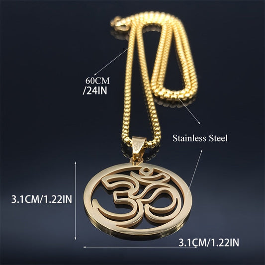 Stainless Steel Yoga Om Symbol Pendant Necklace - Elegant Buddhist Emblem Jewelry for Everyday Wear and Gift Giving