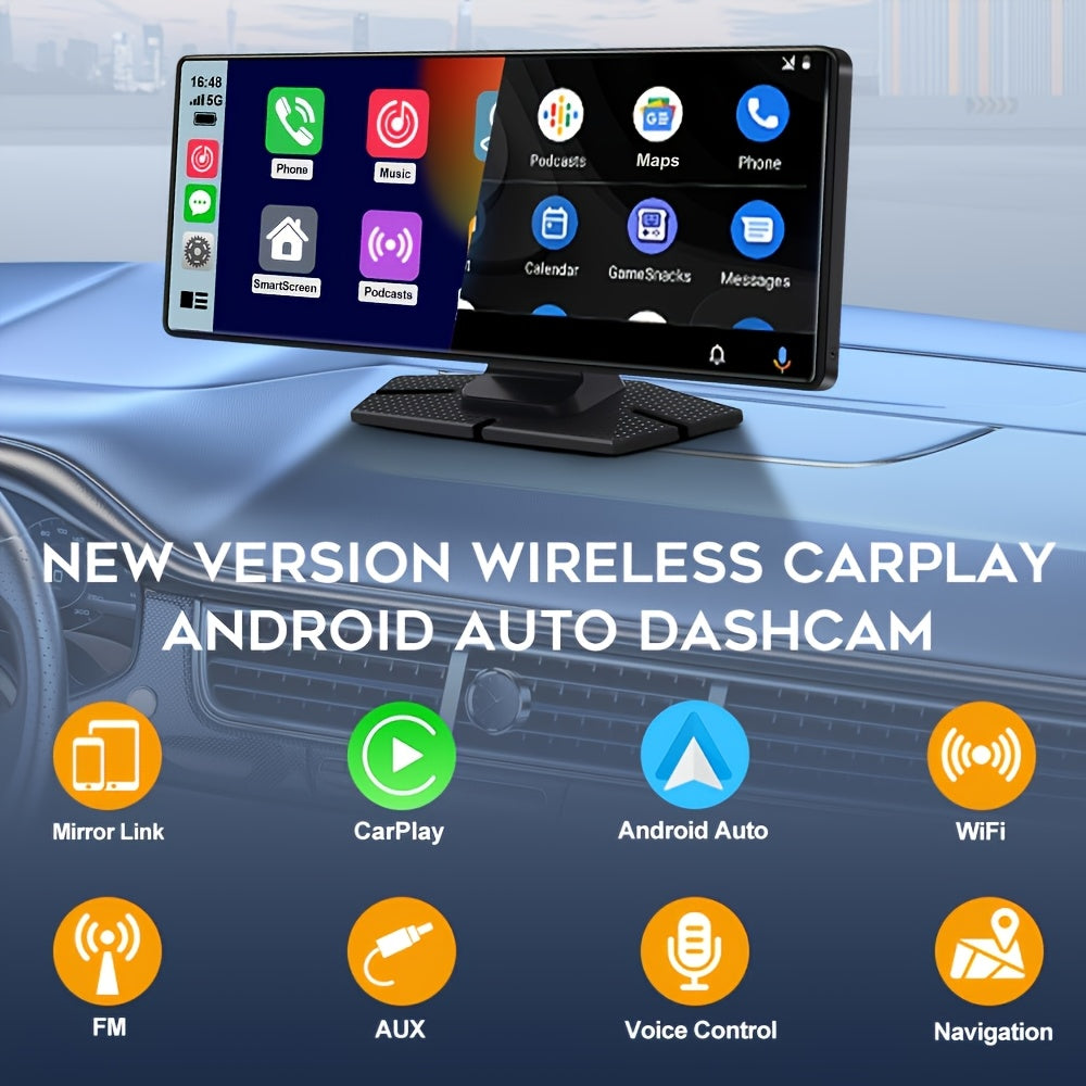 Portable 4K Ultra HD Dual-Camera DVR with Voice Control - 26.06cm screen, Wireless CarPlay & AndroidAuto, HD Reverse Camera, Loop Recording, WiFi, Call & Navigation, FM/AUX, Easy Mount