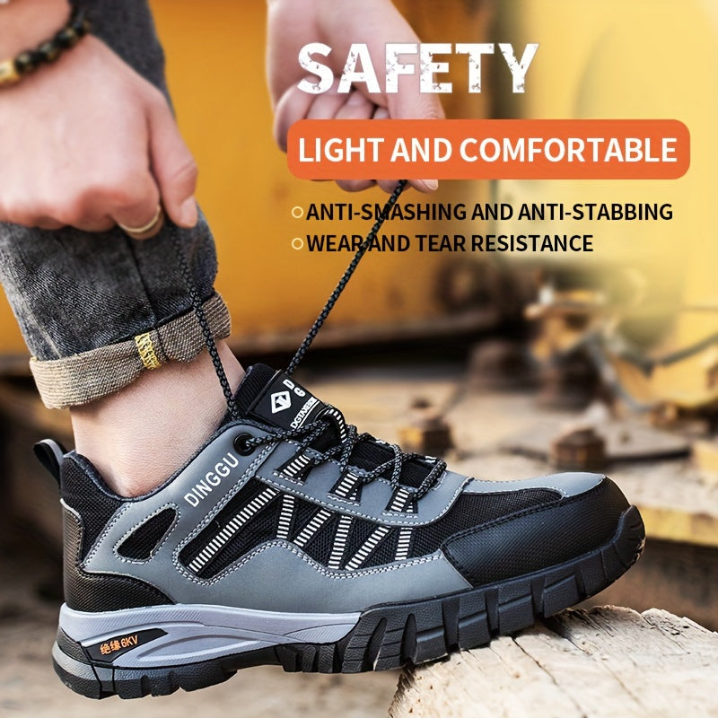 Durable steel toe work shoes with puncture-proof, non-slip and shock-absorbing features.