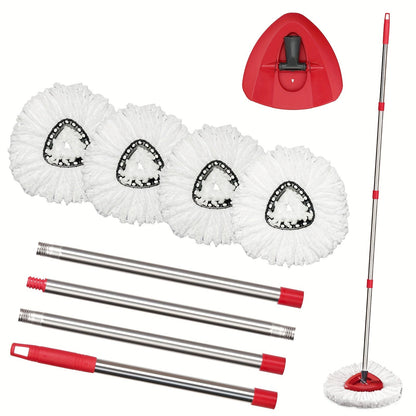 Set of 4 white mop heads with a red and silver handle, triangular plate, and 2 vacuum bags measuring 30*40cm.