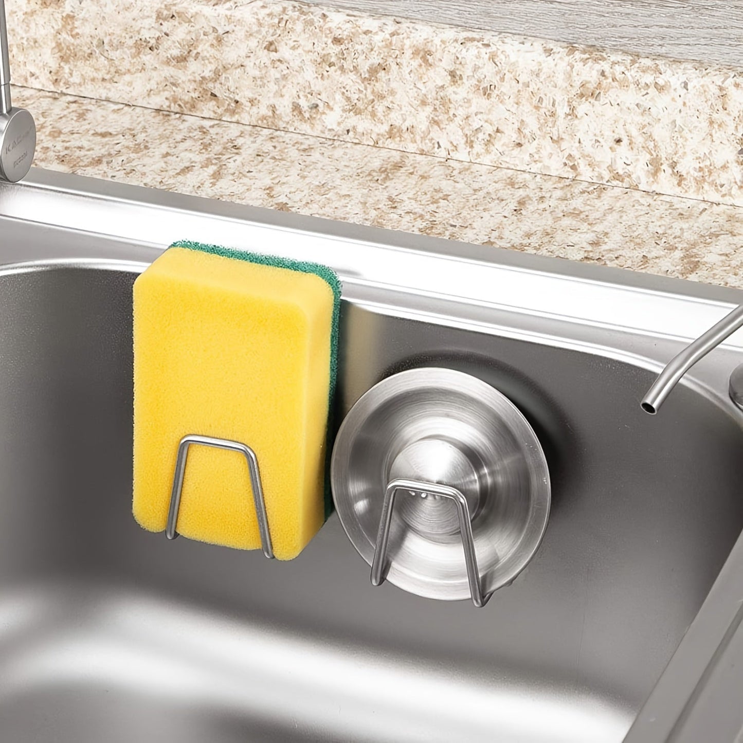 Modern stainless steel sponge holder that can be mounted on the wall in your kitchen sink. Features open storage, waterproof and rust resistant design, and can be easily installed without drilling.