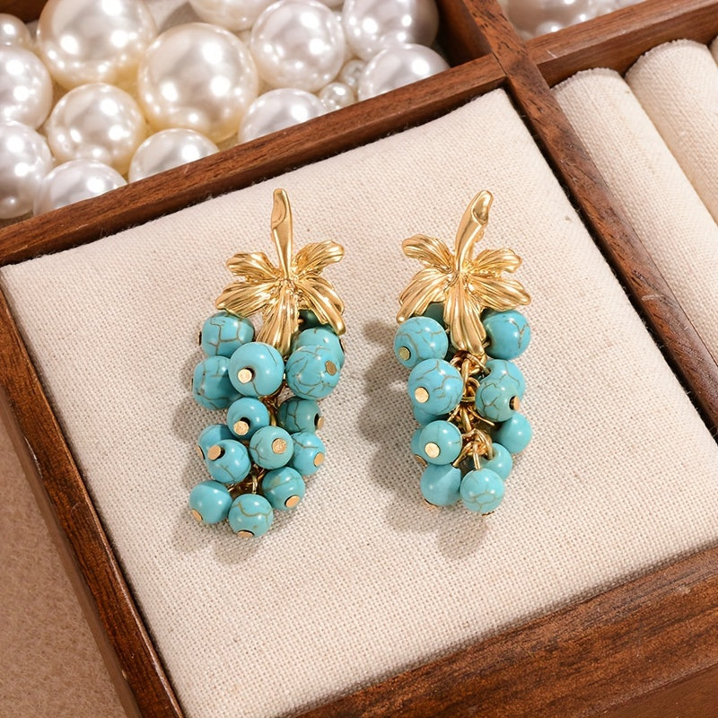 Vintage boho style turquoise cluster drop dangle earrings for women plated in 18K gold, featuring fashion alloy grape bunch tassel design with silver ear needle. Perfect for daily wear and special party occasions, exuding elegance.