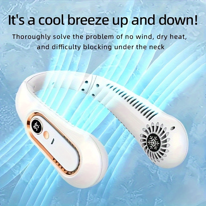 Stay cool all summer long with the 1pc USB Charging Portable Neck Hanging Fan. This leafless cooler halter fan device is the perfect wearable air cooling fan for outdoor sports and travel. Stay refreshed and comfortable in the heat with this small