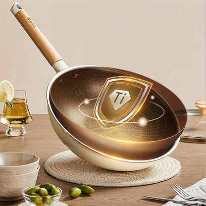 The COOKER KING Chef's Pan is a non-stick wok with a Titanium coating and stainless steel construction for healthy cooking. It features multi-layer construction, no chemical coating, and is PTFE & PFOA free. The pan is also induction compatible and comes