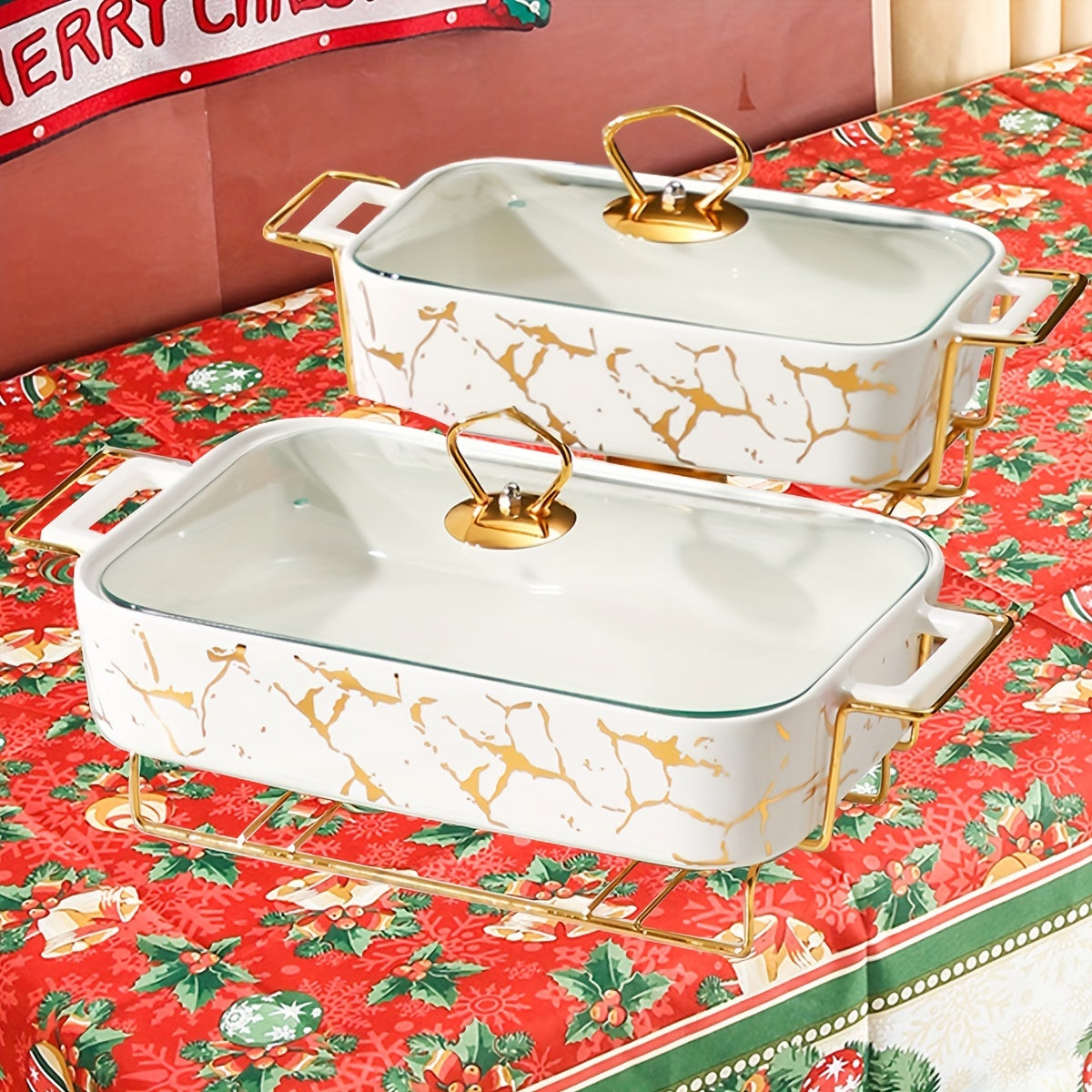 Joyful Table Setting: Festive Ceramic Dinnerware Set for Christmas - Comes with Soup and Griddle Pots, Iron Stand, and Serving Plates Perfect for Holiday Parties.