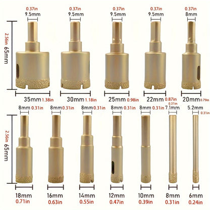 12pc Diamond Coated Drill Bit Set for Glass, Marble, Granite, Stone, Tile & Ceramic - Hand Tools