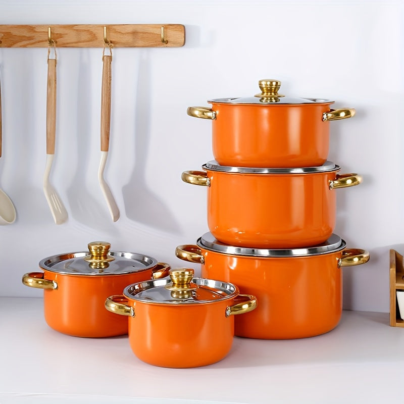 Set of 5 Vibrant Orange Stainless Steel Cookware with Lids - Includes Deep & Thick Soup Pots, Weighing 3.3kg, Suitable for All Stovetops, Perfect for New Year's & Carnival Festivities.