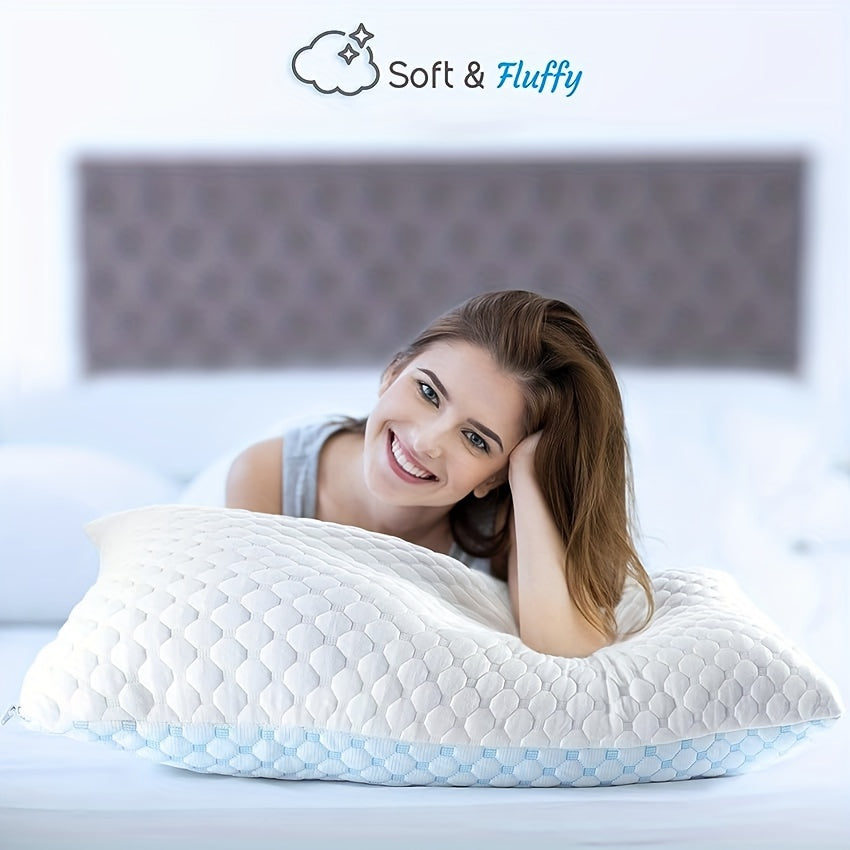 Adjustable Cooling Memory Foam Pillow with Ice Silk & Bamboo Fiber, Washable Cover, Quilted Design - Ideal for All Sleep Styles, Allergy-Friendly, Blue & White Color Cooling Pillow