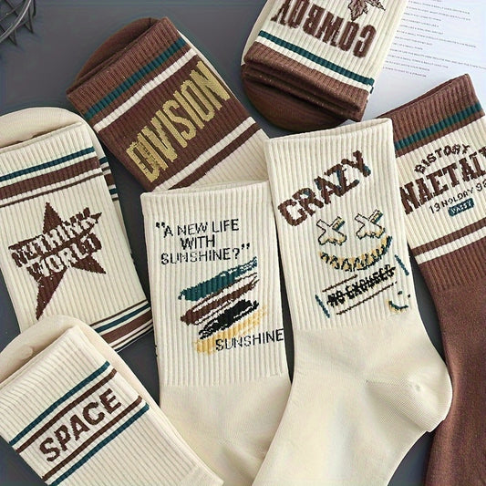 5-pack men's socks with vintage American style, comfortable and breathable. Made of a cotton blend with polyester and spandex. Hand wash only. Features a letter pattern, knit fabric, and