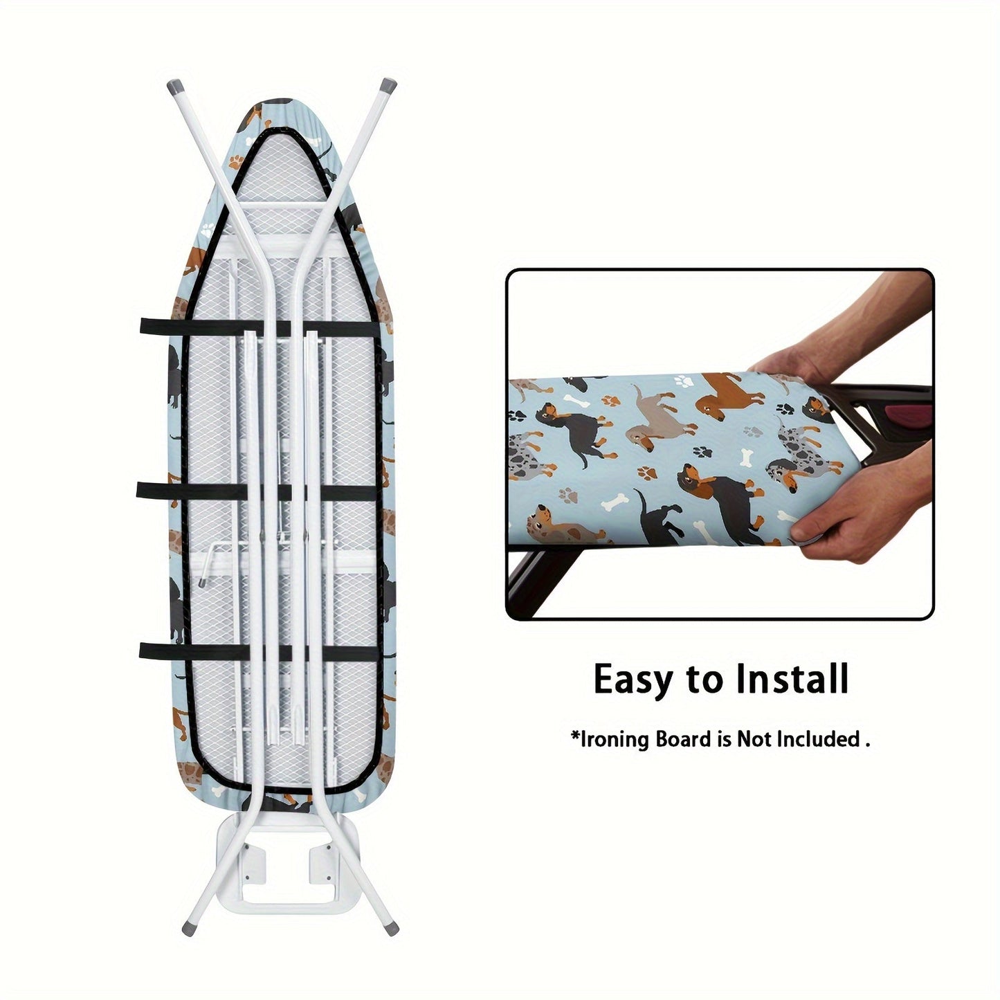 Ironing board dustproof cover with a clear design featuring a dachshund dog pattern. Ideal for replacing old cloth covers on household ironing boards. Perfect for electric iron boards and comes in one piece. Can also serve as a protective accessory for