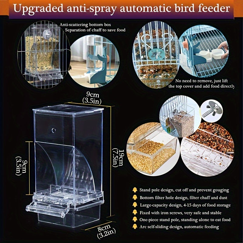 Automatic bird feeder and water dispenser set for small birds made of durable PP material. Transparent and easy to use accessories for parakeets, canaries, finches, lovebirds, and other