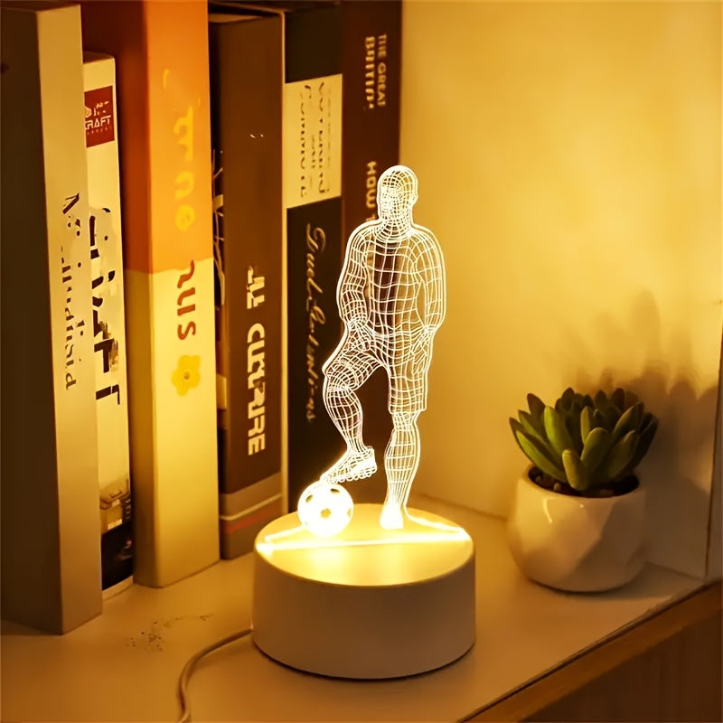 Football player-shaped table lamp with USB interface and LED night light for bedroom decoration.