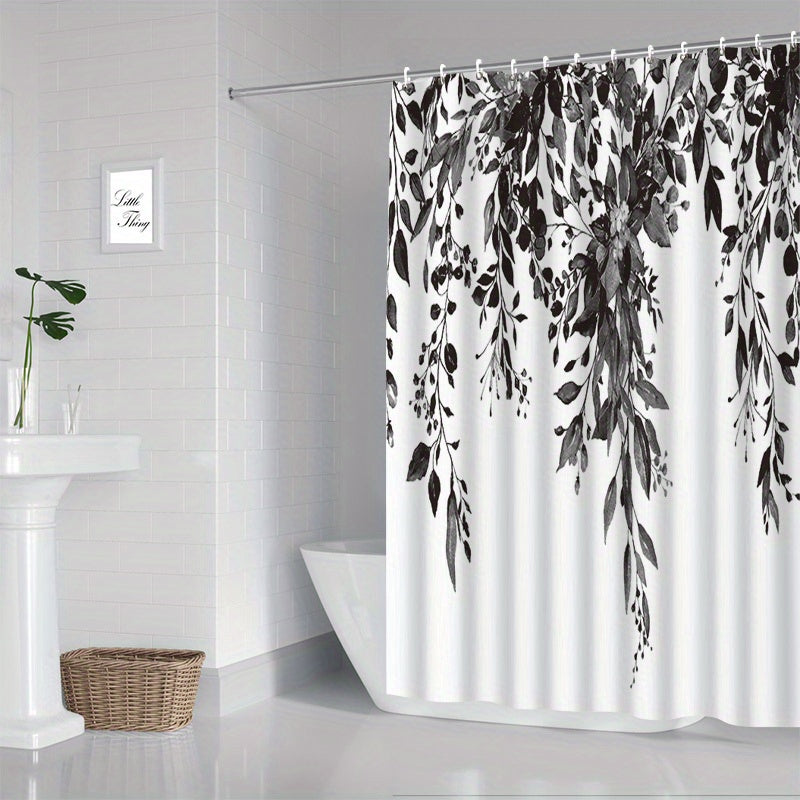 Waterproof black and white floral shower curtain made of soft and durable fabric for bathroom decor and window treatment