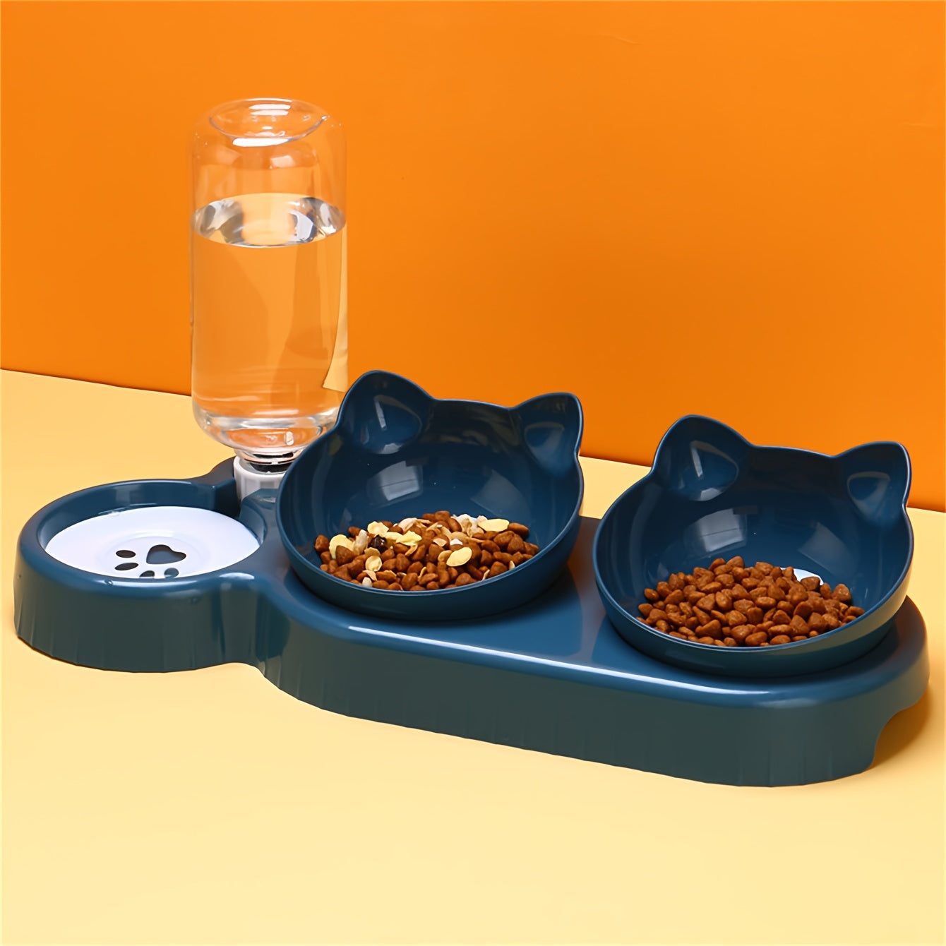 Double feeder cat bowls with automatic water dispenser and paw print design.