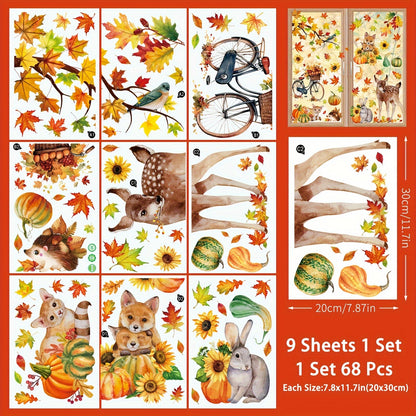 68 large fall decorations including cute animals, pumpkins, and maple leaves in a set of 9 Autumn Harvest window clings. Easy to apply and remove, making them perfect for decorating Thanksgiving home and party display windows.