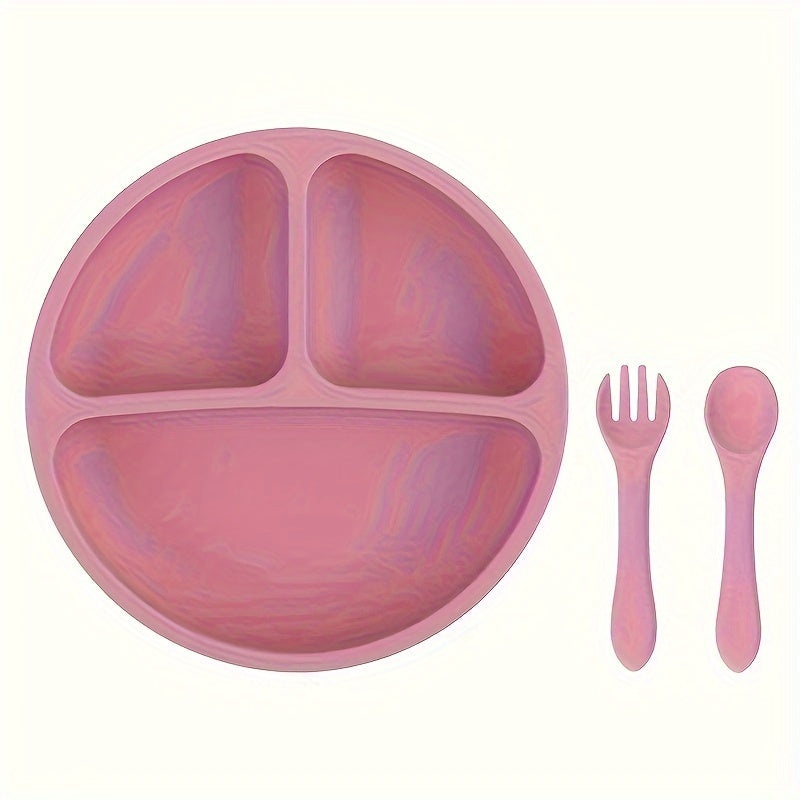 Children's set includes 3 pieces of silicone dinner plate, spoon, and fork. Made from food-grade silicone, the dinner plate has a non-slip suction cup for easy cleaning and high temperature resistance. Perfect for baby feeding, this set is a must-have