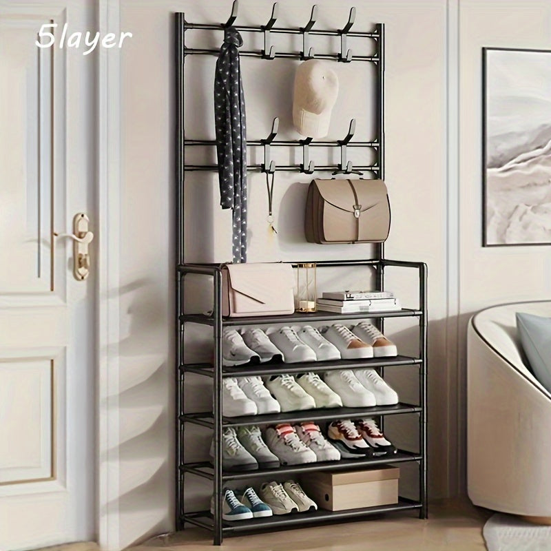 4-5 Tier Metal Shoe Rack with 8 Hooks - Stainless Steel, Multi-Functional Organizer for Home, Dorm, and Rental Spaces