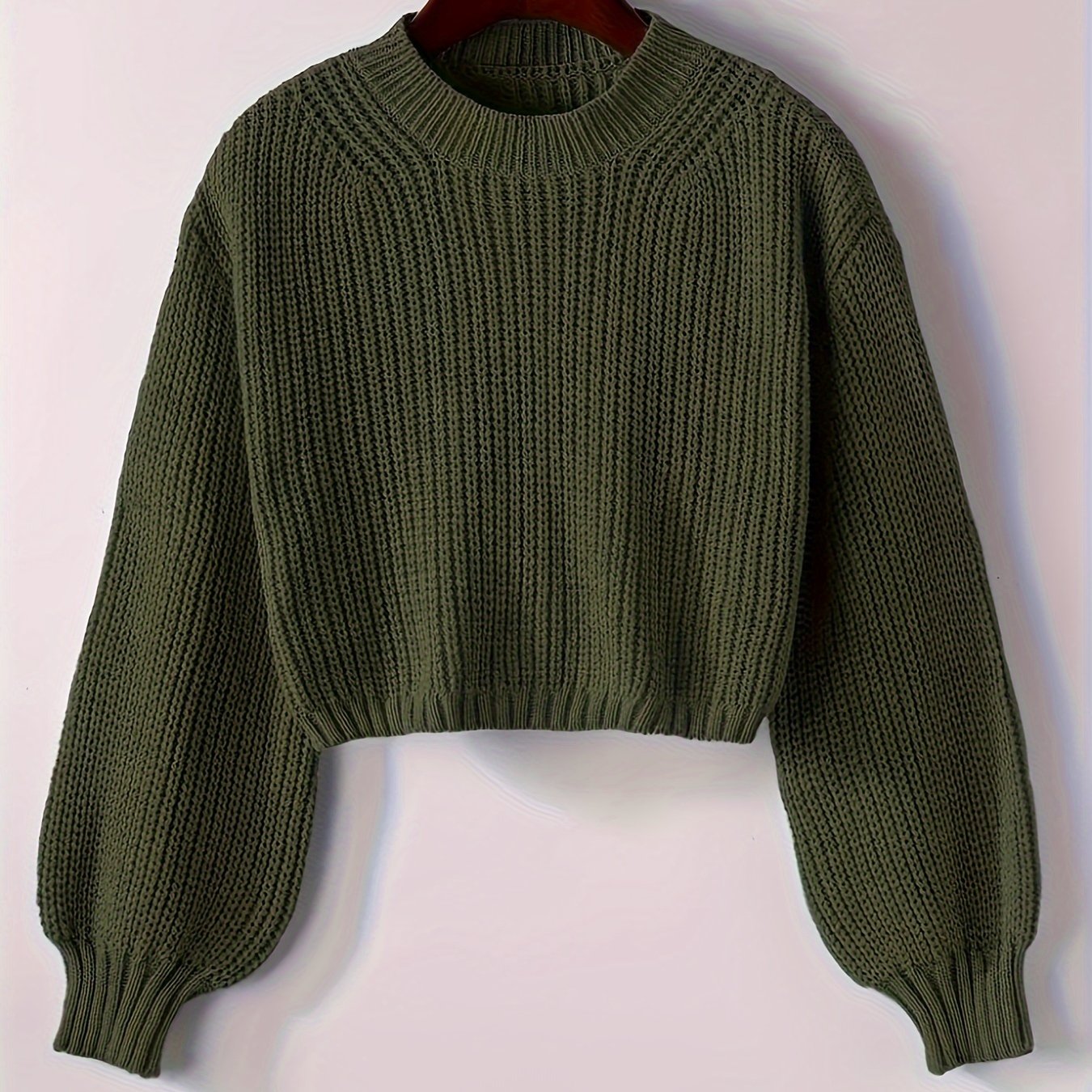 Solid color crew neck knit sweater, casual long sleeve crop pullover for fall & winter, women's clothing.