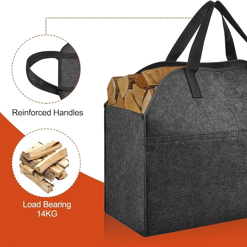 A durable and waterproof firewood tote bag made of non-woven fabric, measuring 55.88cm x 25.4cm x 43.18cm. This portable log carrier is perfect for various purposes and can be hand washed. Features a sleek no-print design.