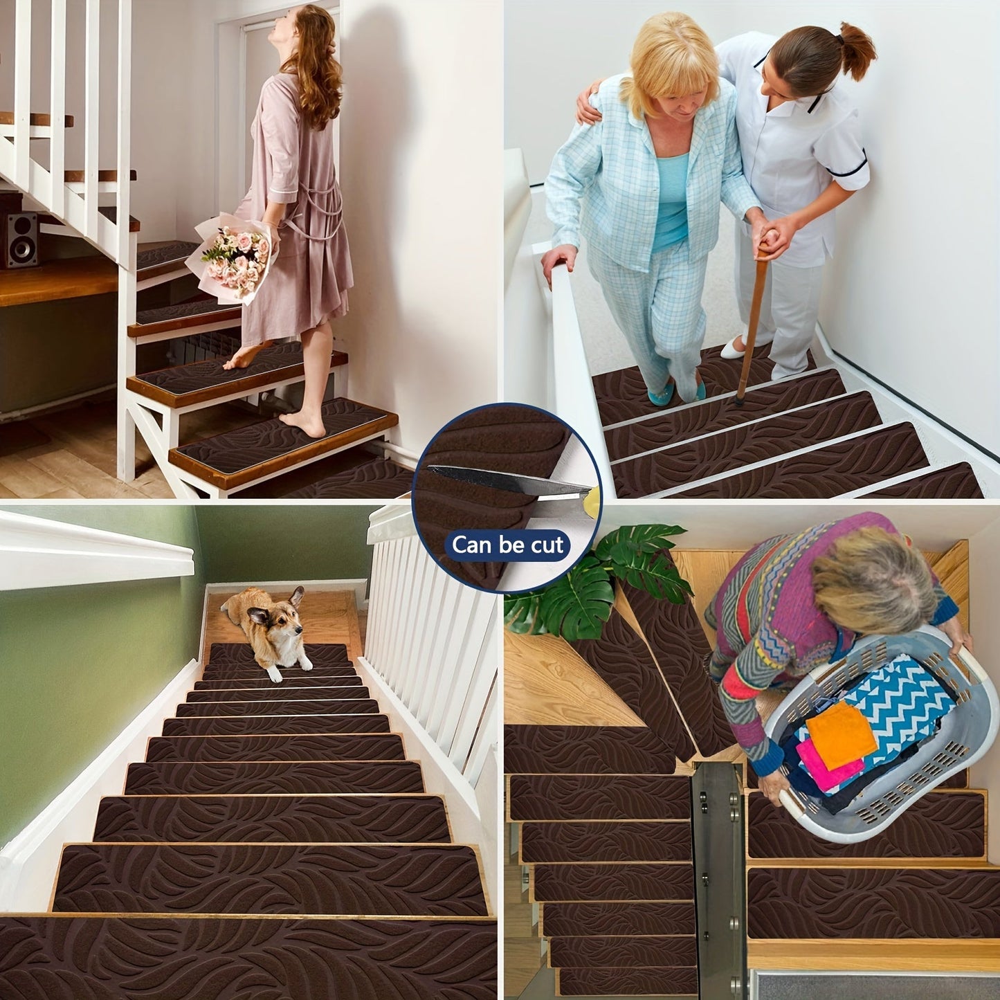 15 pieces of carpet stair treads by JAYFAN, designed for wood steps with non-slip features to provide safety for both pets and humans. These indoor stair treads are washable and reusable, making them a practical choice for any staircase.