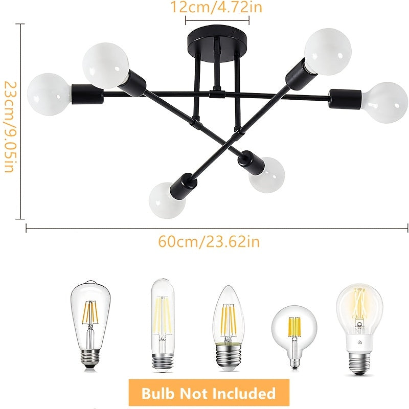 Modern Metal Chandelier with 6 Lights in Golden/Black Finish - Flush Mount Fixture for Bedroom, Kitchen, Dining Room, No Battery Needed