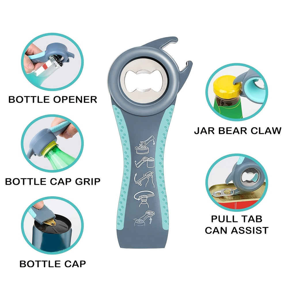 Set of 4 Multi-Function Bottle Openers made of Stainless Steel and Plastic with Comfort Grip handles. Includes Jar Opener, Corkscrew, Cap Twister, and Non-Slip Rubber Pad. Designed for those with Arthritis or Weak Hands, no electricity required. Ideal